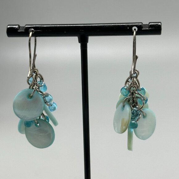 3/$30 Blue Shell Drop Earrings Silver Tone Boho Dangle Pierced Round 1.5" - Picture 4 of 7